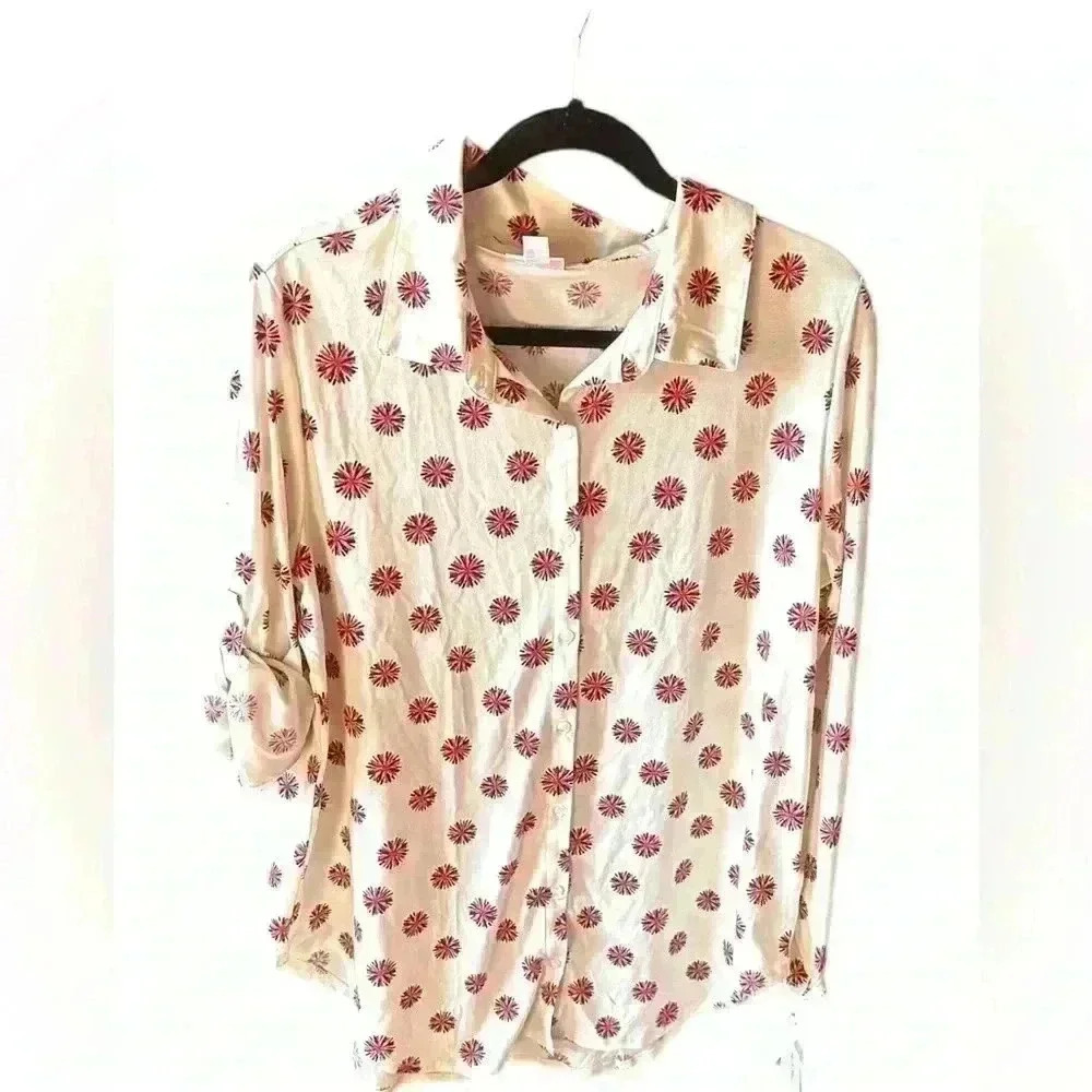 Large Lularoe Valentina button down blouse. NWT. Cream, red black.Pom Pom design